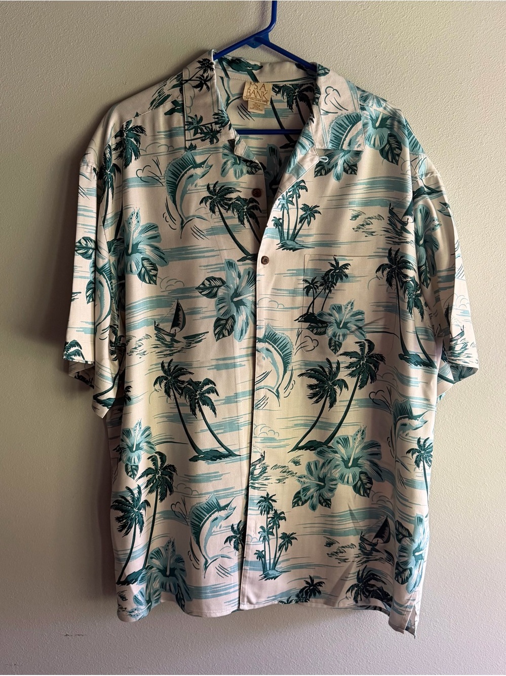 Jos A Bank 100% Silk Hawaiian Shirt Mens XL White Palm Trees Allover Print